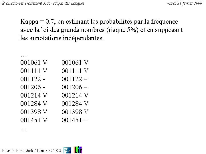 Évaluation et Traitement Automatique des Langues mardi 21 février 2006 Kappa = 0. 7,