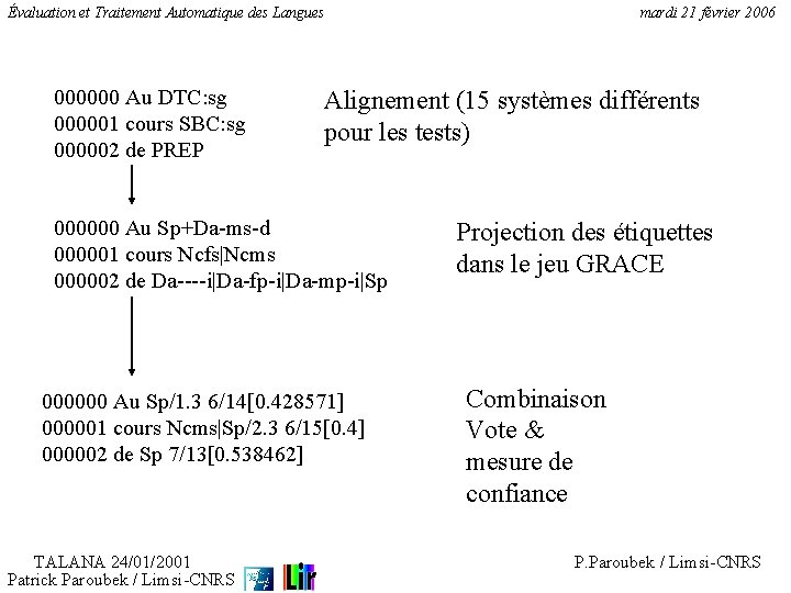 Évaluation et Traitement Automatique des Langues 000000 Au DTC: sg 000001 cours SBC: sg