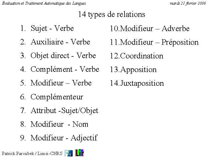 Évaluation et Traitement Automatique des Langues mardi 21 février 2006 14 types de relations