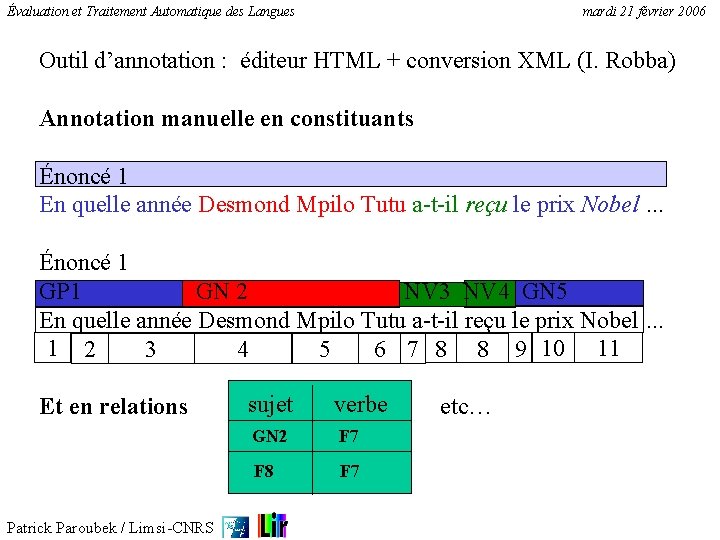 Évaluation et Traitement Automatique des Langues mardi 21 février 2006 Outil d’annotation : éditeur