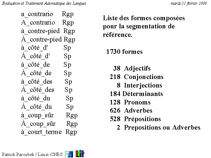Évaluation et Traitement Automatique des Langues a_contrario Rgp A_contrario Rgp à_contre-pied Rgp À_contre-pied Rgp