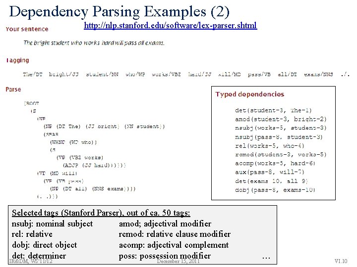 Dependency Parsing Examples (2) http: //nlp. stanford. edu/software/lex-parser. shtml Selected tags (Stanford Parser), out