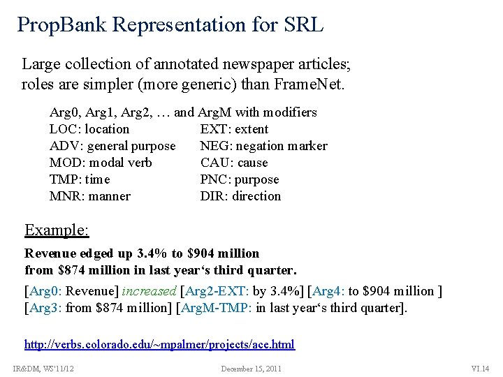 Prop. Bank Representation for SRL Large collection of annotated newspaper articles; roles are simpler