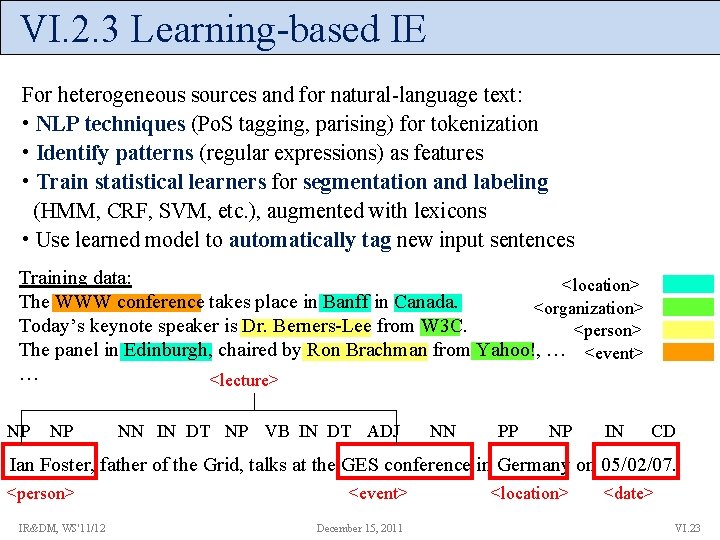 VI. 2. 3 Learning-based IE For heterogeneous sources and for natural-language text: • NLP