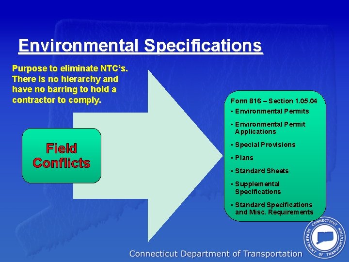 Environmental Specifications Purpose to eliminate NTC’s. There is no hierarchy and have no barring