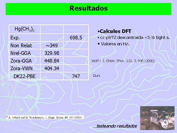 Resultados Hg(CH 3)2 • Calculos DFT Exp. 698. 5 Non Relat ~349 Nrel-GGA 329.