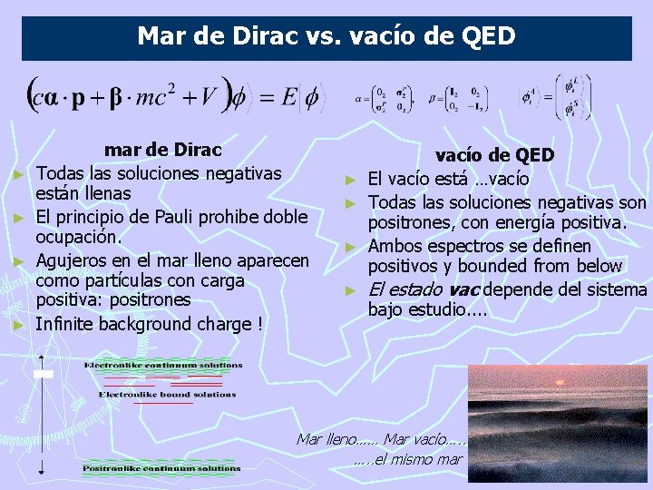 Mar de Dirac vs. vacío de QED ► ► mar de Dirac Todas las