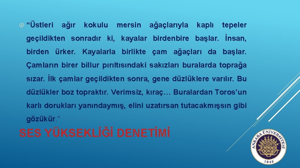  “Üstleri ağır kokulu mersin ağaçlarıyla kaplı tepeler geçildikten sonradır ki, kayalar birdenbire başlar.