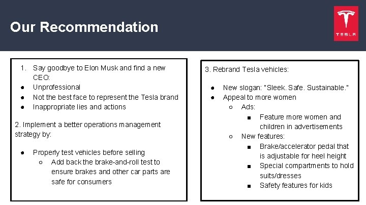 Our Recommendation 1. Say goodbye to Elon Musk and find a new CEO: ●