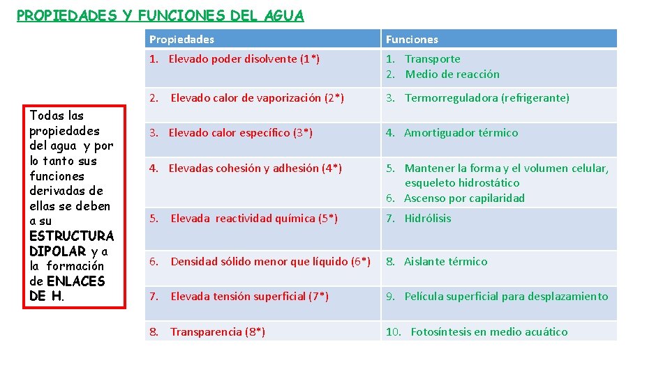 PROPIEDADES Y FUNCIONES DEL AGUA Todas las propiedades del agua y por lo tanto