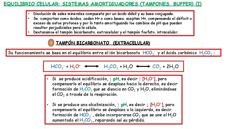 EQUILIBRIO CELULAR: SISTEMAS AMORTIGUADORES (TAMPONES, BUFFER) (I) • • • Disolución de sales minerales