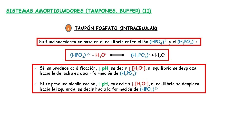 SISTEMAS AMORTIGUADORES (TAMPONES, BUFFER) (II) 2 TAMPÓN FOSFATO (INTRACELULAR) Su funcionamiento se basa en