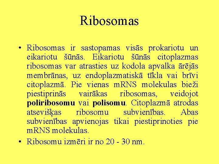 Ribosomas • Ribosomas ir sastopamas visās prokariotu un eikariotu šūnās. Eikariotu šūnās citoplazmas ribosomas