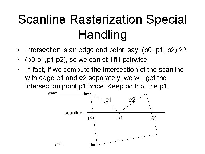 Scanline Rasterization Special Handling • Intersection is an edge end point, say: (p 0,