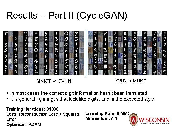 Results – Part II (Cycle. GAN) MNIST -> SVHN -> MNIST • In most