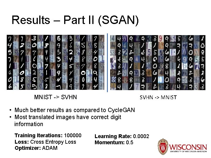 Results – Part II (SGAN) SVHN -> MNIST -> SVHN • Much better results