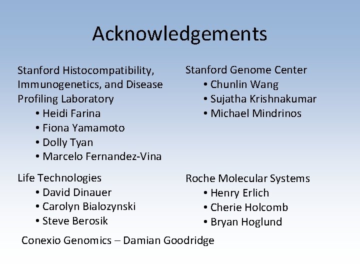 Acknowledgements Stanford Histocompatibility, Immunogenetics, and Disease Profiling Laboratory • Heidi Farina • Fiona Yamamoto