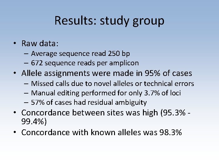 Results: study group • Raw data: – Average sequence read 250 bp – 672