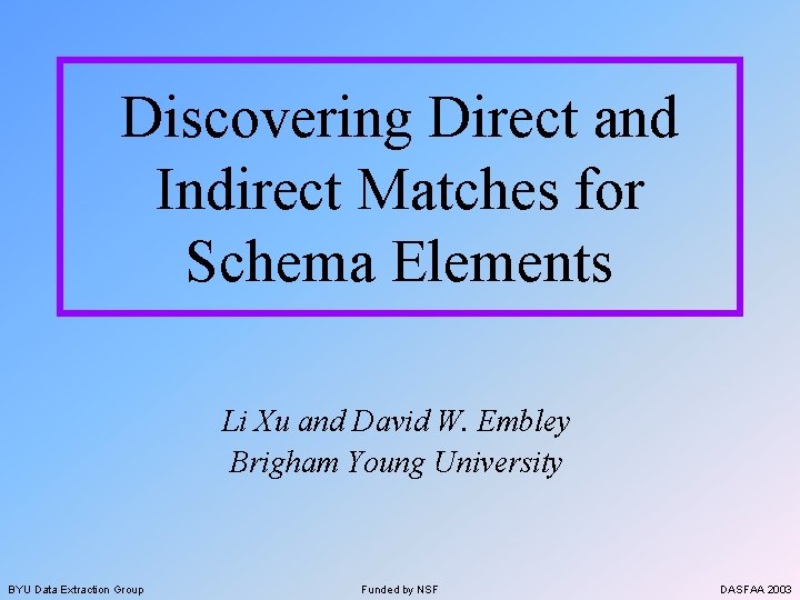 Discovering Direct and Indirect Matches for Schema Elements Li Xu and David W. Embley