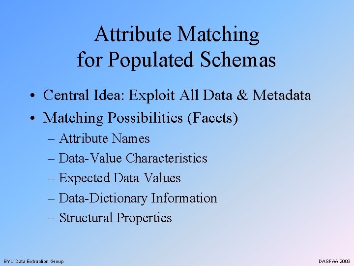 Attribute Matching for Populated Schemas • Central Idea: Exploit All Data & Metadata •