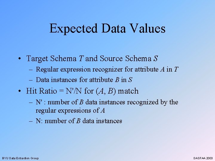 Expected Data Values • Target Schema T and Source Schema S – Regular expression
