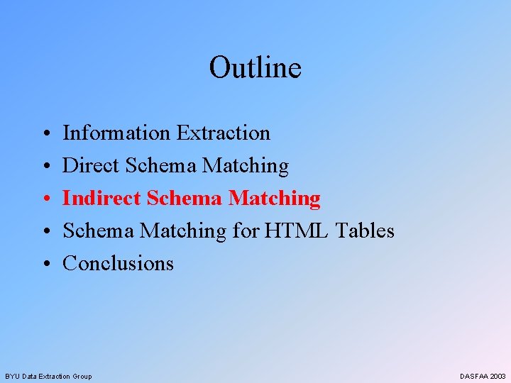 Outline • • • Information Extraction Direct Schema Matching Indirect Schema Matching for HTML