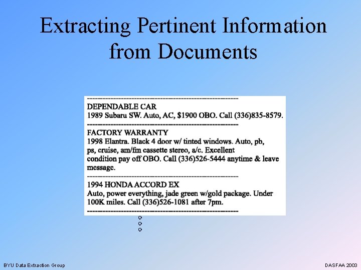 Extracting Pertinent Information from Documents BYU Data Extraction Group DASFAA 2003 