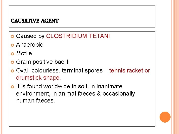 CAUSATIVE AGENT Caused by CLOSTRIDIUM TETANI Anaerobic Motile Gram positive bacilli Oval, colourless, terminal