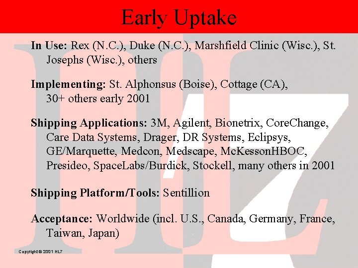 Early Uptake In Use: Rex (N. C. ), Duke (N. C. ), Marshfield Clinic
