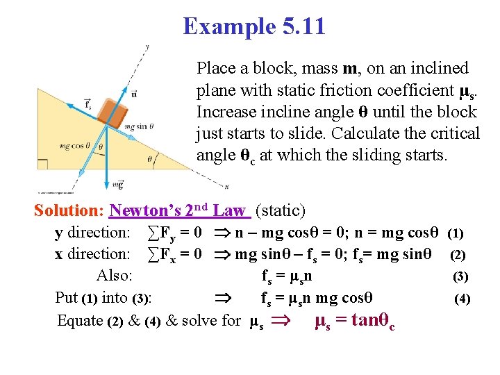 Example 5. 11 Place a block, mass m, on an inclined plane with static