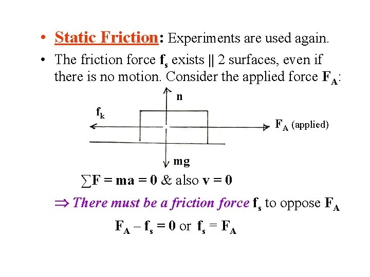  • Static Friction: Experiments are used again. • The friction force fs exists