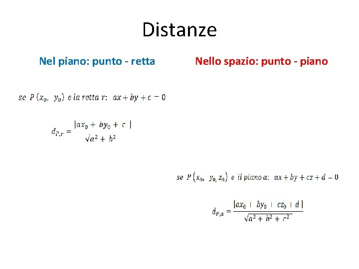 Distanze Nel piano: punto - retta Nello spazio: punto - piano 