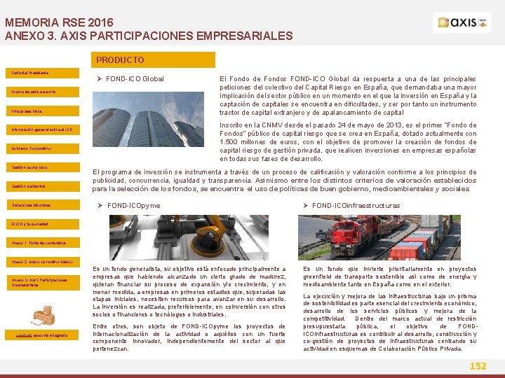 MEMORIA RSE 2016 ANEXO 3. AXIS PARTICIPACIONES EMPRESARIALES PRODUCTO Carta del Presidente Ø FOND-ICO