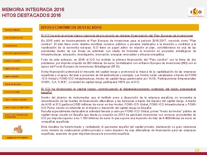 MEMORIA INTEGRADA 2016 HITOS DESTACADOS 2016 Carta del Presidente Acerca de esta Memoria Principales