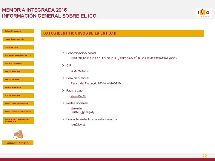 MEMORIA INTEGRADA 2016 INFORMACIÓN GENERAL SOBRE EL ICO Carta del Presidente DATOS IDENTIFICATIVOS DE