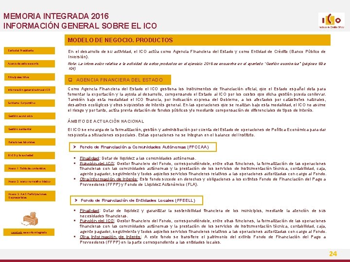 MEMORIA INTEGRADA 2016 INFORMACIÓN GENERAL SOBRE EL ICO MODELO DE NEGOCIO. PRODUCTOS Carta del