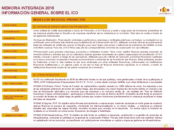 MEMORIA INTEGRADA 2016 INFORMACIÓN GENERAL SOBRE EL ICO MODELO DE NEGOCIO. PRODUCTOS Carta del