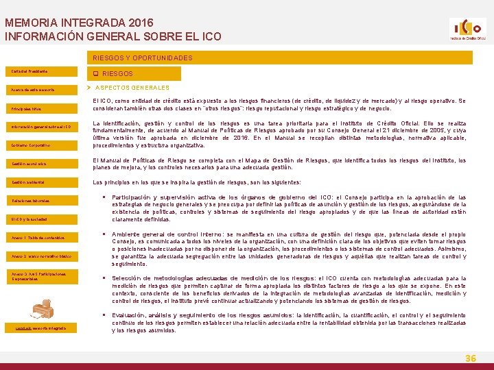 MEMORIA INTEGRADA 2016 INFORMACIÓN GENERAL SOBRE EL ICO RIESGOS Y OPORTUNIDADES Carta del Presidente