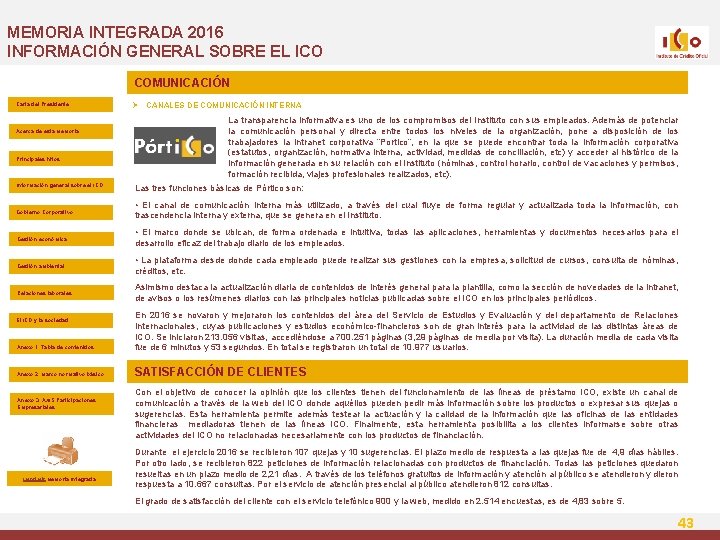 MEMORIA INTEGRADA 2016 INFORMACIÓN GENERAL SOBRE EL ICO COMUNICACIÓN Carta del Presidente Acerca de