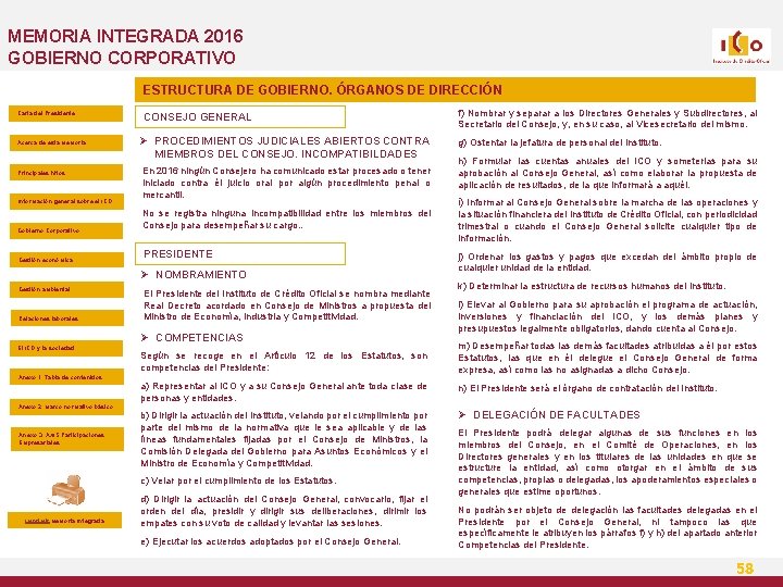 MEMORIA INTEGRADA 2016 GOBIERNO CORPORATIVO ESTRUCTURA DE GOBIERNO. ÓRGANOS DE DIRECCIÓN Carta del Presidente