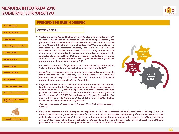 MEMORIA INTEGRADA 2016 GOBIERNO CORPORATIVO PRINCIPIOS DE BUEN GOBIERNO Carta del Presidente GESTIÓN ÉTICA