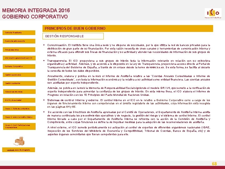 MEMORIA INTEGRADA 2016 GOBIERNO CORPORATIVO PRINCIPIOS DE BUEN GOBIERNO Carta del Presidente GESTIÓN RESPONSABLE