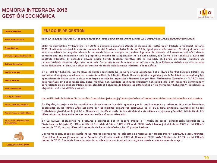 MEMORIA INTEGRADA 2016 GESTIÓN ECONÓMICA Carta del Presidente Acerca de esta Memoria Principales hitos