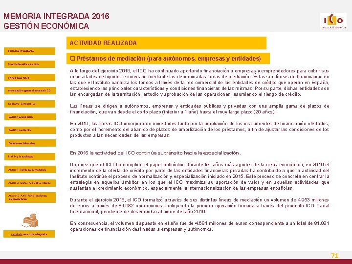 MEMORIA INTEGRADA 2016 GESTIÓN ECONÓMICA ACTIVIDAD REALIZADA Carta del Presidente q Préstamos de mediación