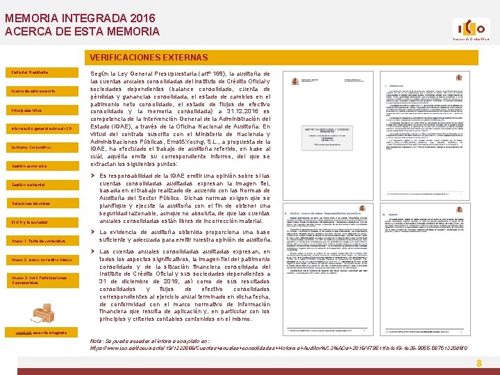 MEMORIA INTEGRADA 2016 ACERCA DE ESTA MEMORIA VERIFICACIONES EXTERNAS Carta del Presidente Acerca de