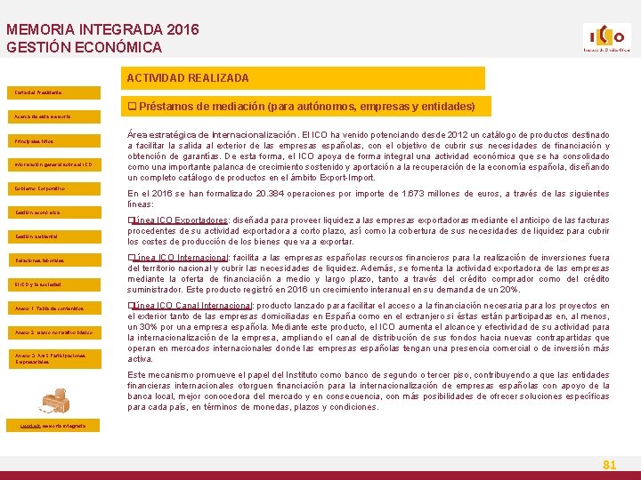 MEMORIA INTEGRADA 2016 GESTIÓN ECONÓMICA ACTIVIDAD REALIZADA Carta del Presidente q Préstamos de mediación