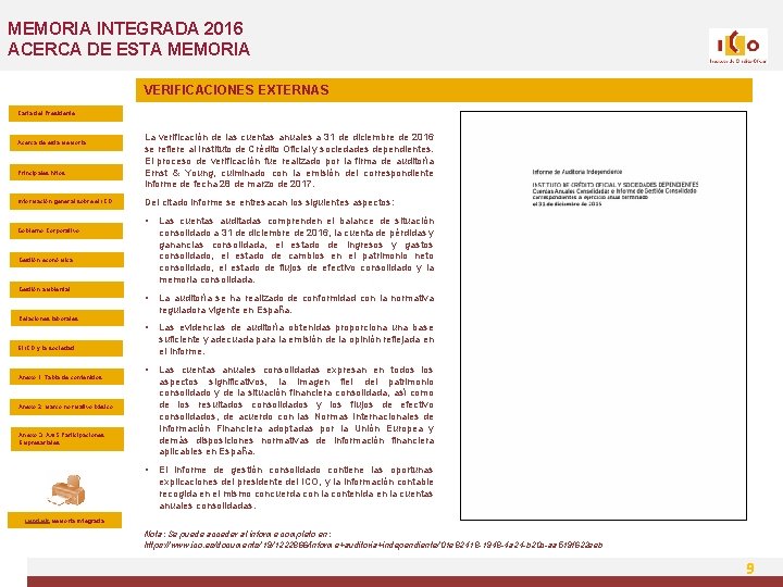 MEMORIA INTEGRADA 2016 ACERCA DE ESTA MEMORIA VERIFICACIONES EXTERNAS Carta del Presidente Acerca de