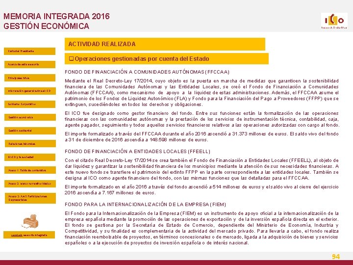 MEMORIA INTEGRADA 2016 GESTIÓN ECONÓMICA ACTIVIDAD REALIZADA Carta del Presidente q Operaciones gestionadas por