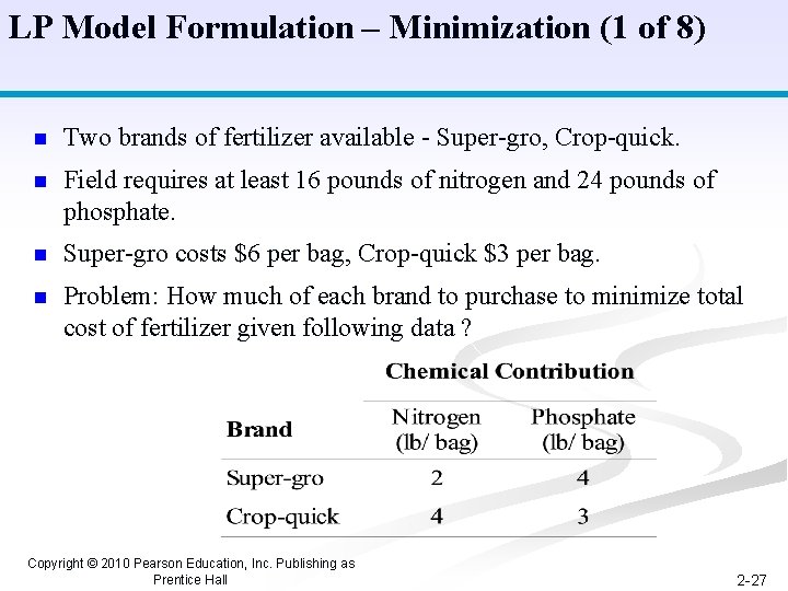 LP Model Formulation – Minimization (1 of 8) n Two brands of fertilizer available
