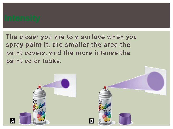 Intensity The closer you are to a surface when you spray paint it, the